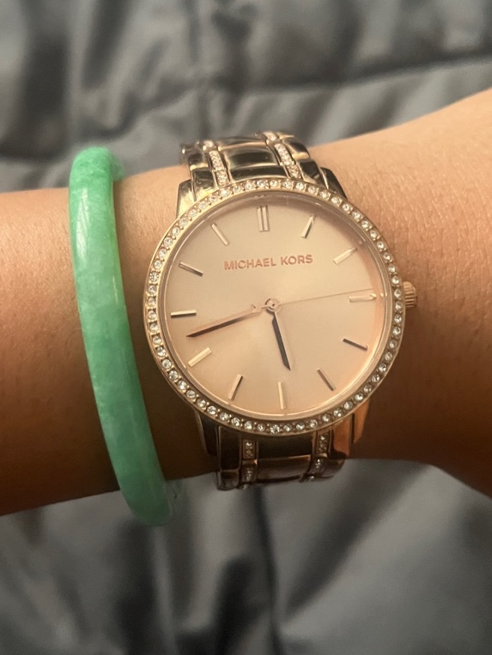 MICHAEL KORS ROSE GOLD WATCH W/ CRYSTAL BEZEL AND PINK DIAL